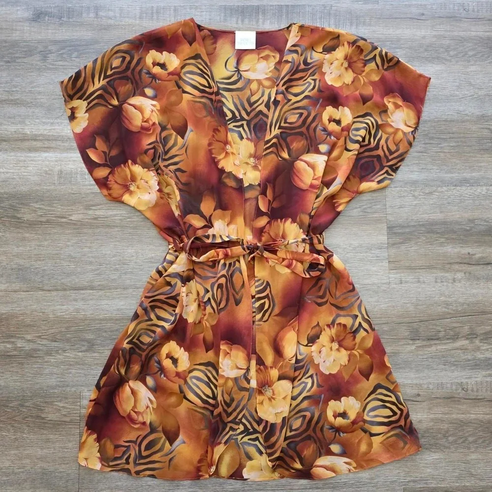 Secret Treasures Vintage Y2K Orange Floral Zebra Mesh Lounge Set Robe Dress S